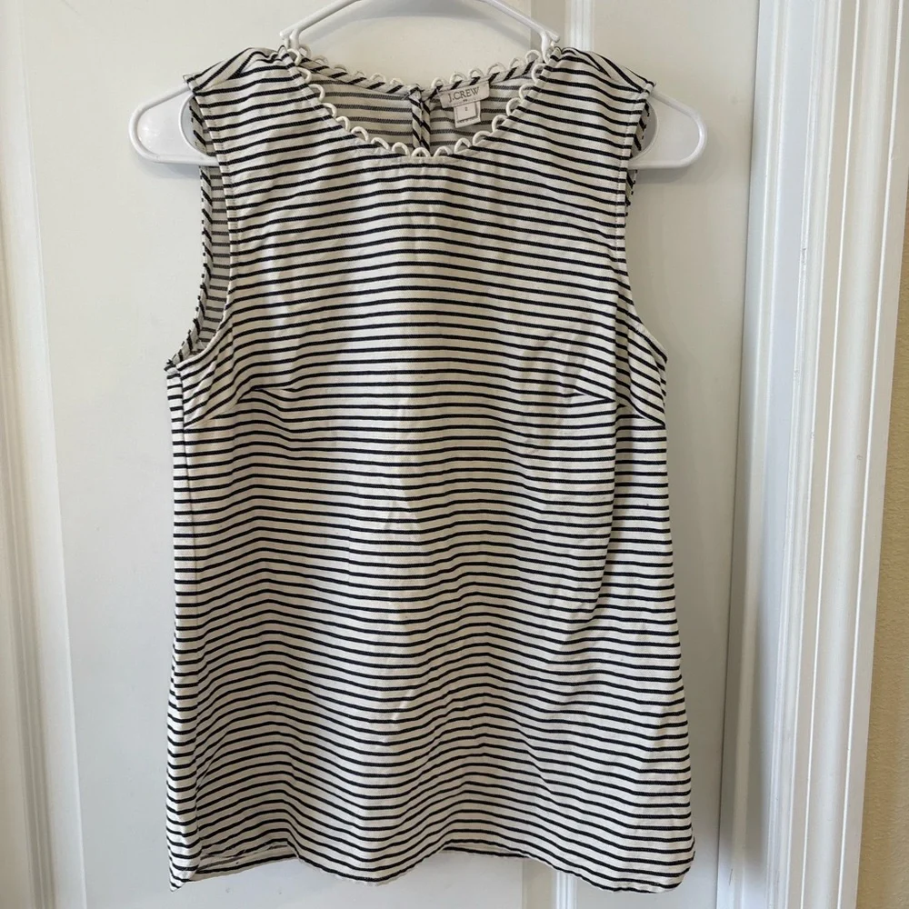 J.Crew Size 2 Navy White Stripe Sleeveless Top 100% Cotton Ric Rac Trim